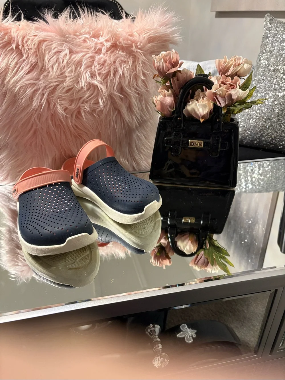 CROCS Women's Navy and Coral LiteRide Slip-On Clogs - Picture 3 of 7